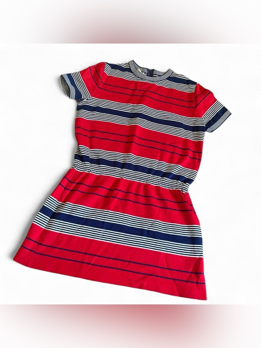 TRUE VINTAGE • 1970s/1980s Red White & Blue Striped Mini Knit Short Sleeve Dress